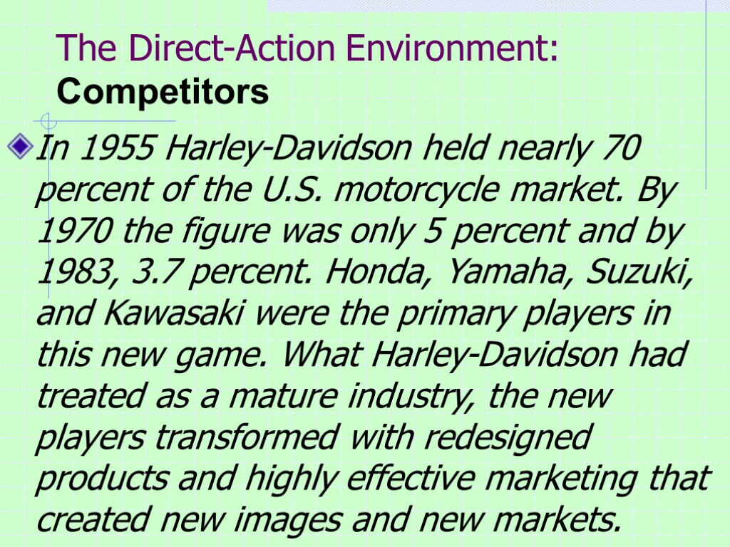 The Direct-Action Environment: Competitors In 1955 Harley-Davidson held nearly 70 percent of the U.S.